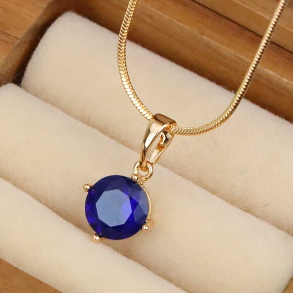 "Elegant Round Blue Stone Pendant in Rose Gold Finish, XPPT1558 - Picture 1 of 15